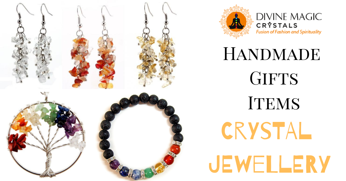 Earrings, Bracelets and Pendant Handmade Gift Items Crystal Jewellery written with Divine Magic Logo at top right corner