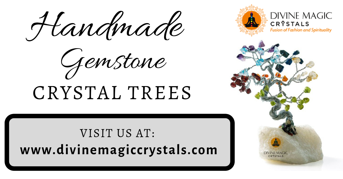 Handmade Gemstone Tree written with 7 chakra tree on side and logo at top right corner